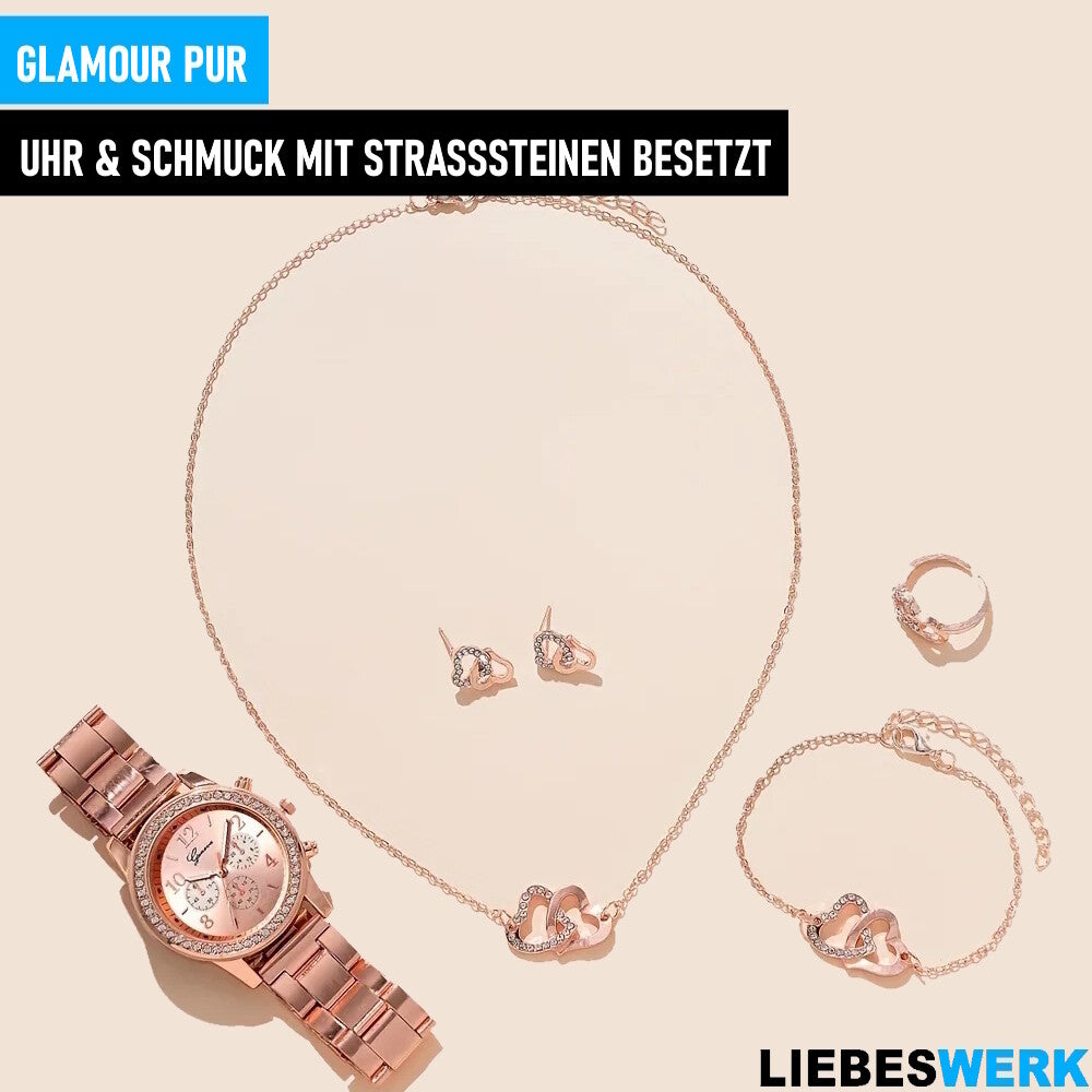 LIEBESWERK Uhren & Schmuck Set Quarzuhr Armband Halskette Ring Ohrringe
