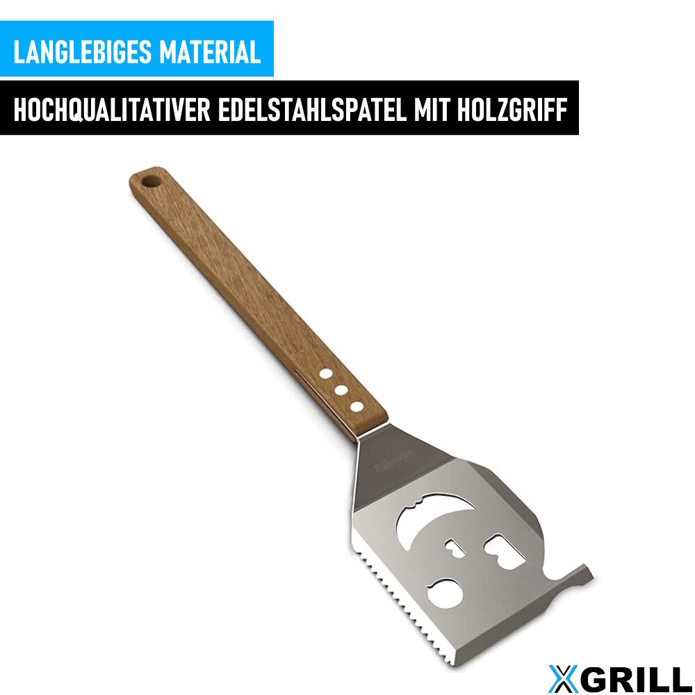 XGRILL 5 in 1 Grillspachtel für Barbecue Multifunktion Grillbesteck Holzgriff