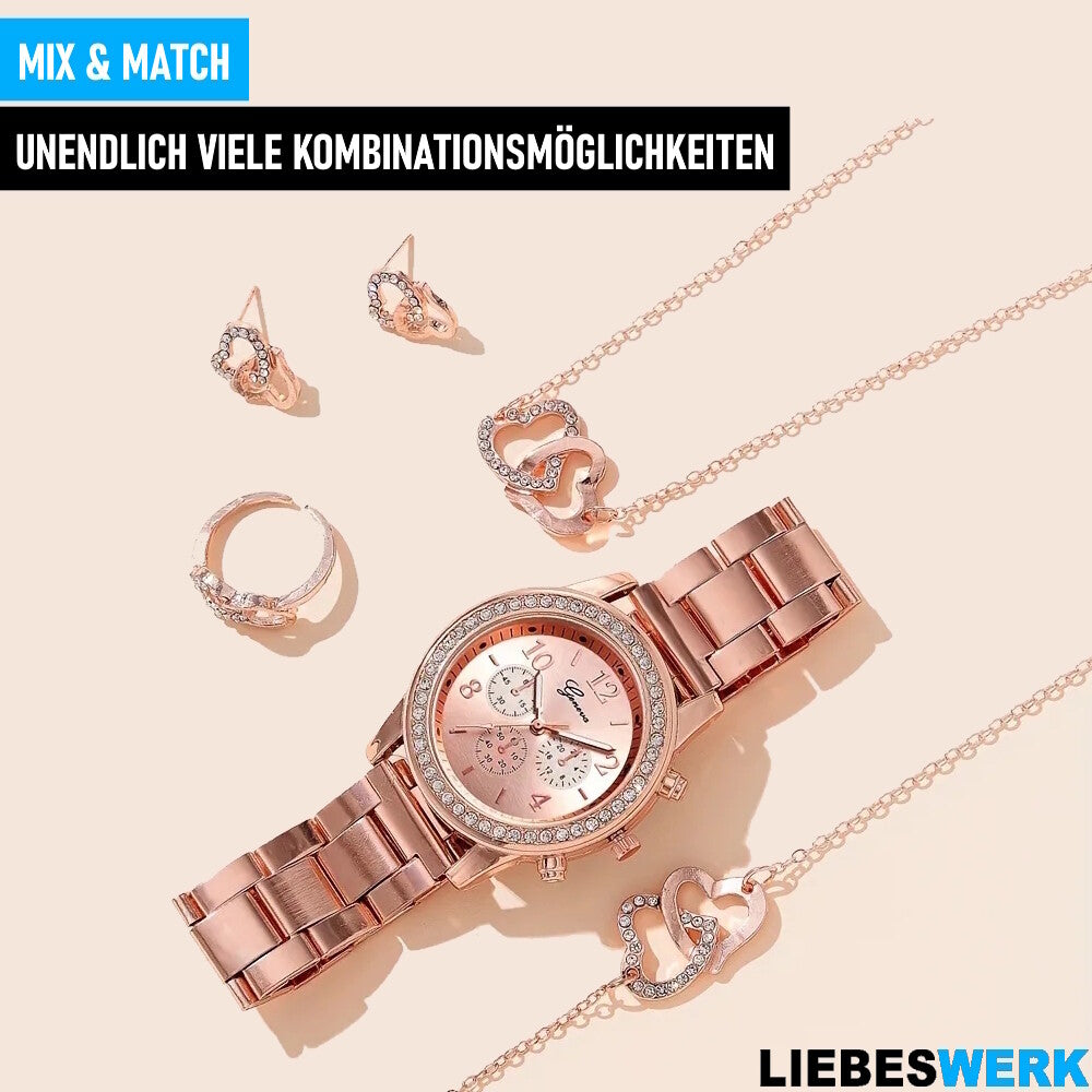 LIEBESWERK Uhren & Schmuck Set Quarzuhr Armband Halskette Ring Ohrringe