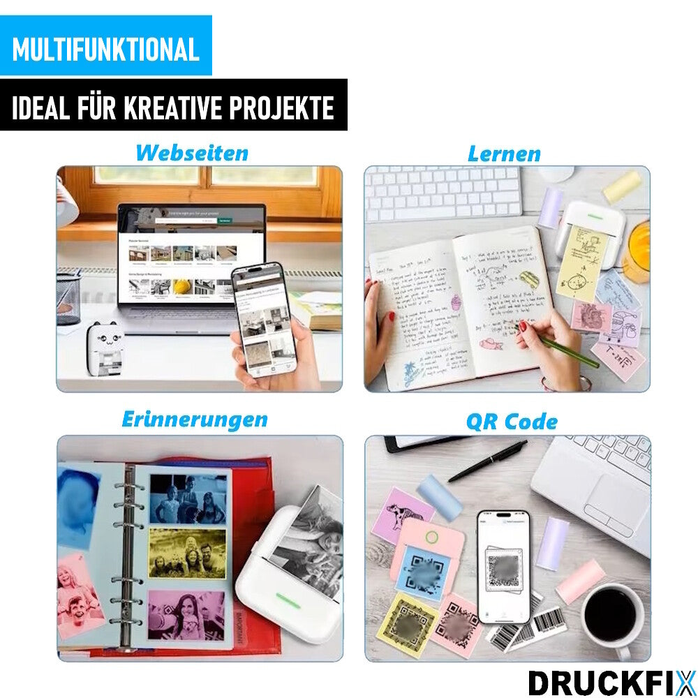 DRUCKFIX Mini Drucker Pocket Printer für Smartphone Inkless Handy Thermod