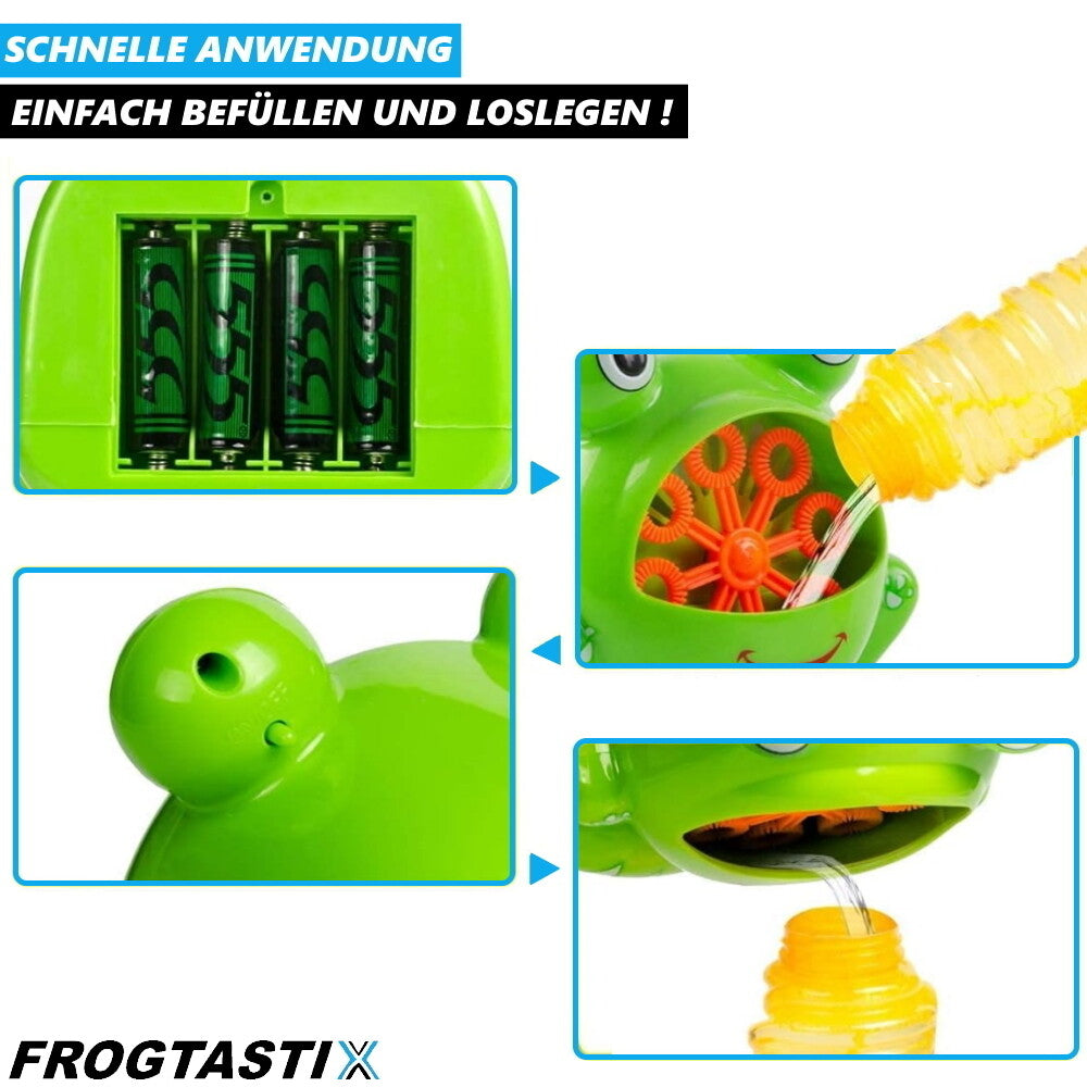 FROGTASTIX Seifenblasenmaschine Frosch Seifenblasengerät Seifenblasenflüssigkeit