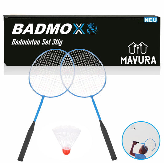 BADMOX Badminton Set Badmintonschläger Federball Set Outdoor 3tlg blau