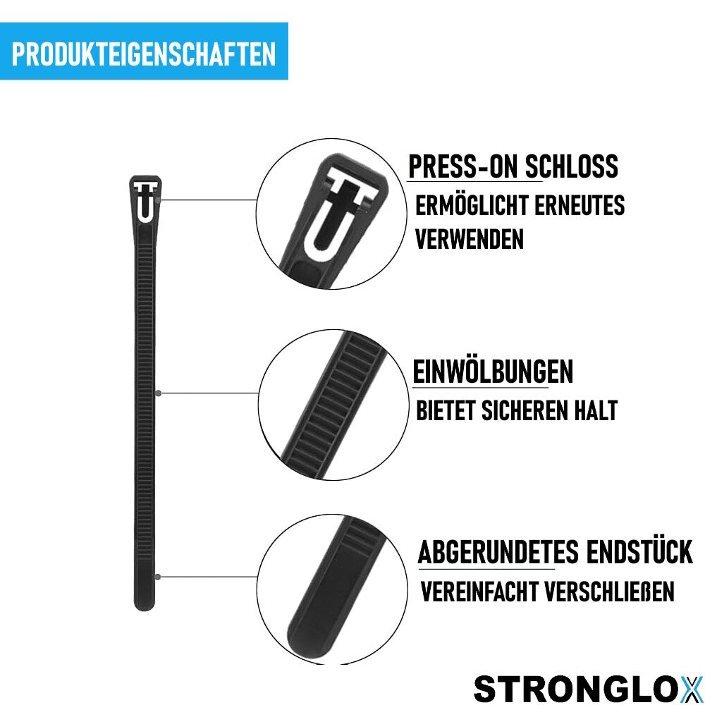 STRONGLOX 100 Stk Profi Kabelbinder Wiederverwendbar Lösbar Wiederlösbar